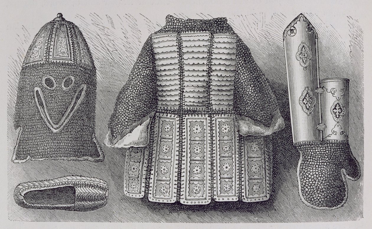 Panóplia indiana composta por capacete, túnica, manoplas e sapatos de Bhuj, de The History of Mankind, Vol.III, do Prof. Friedrich Ratzel, 1898 de English School