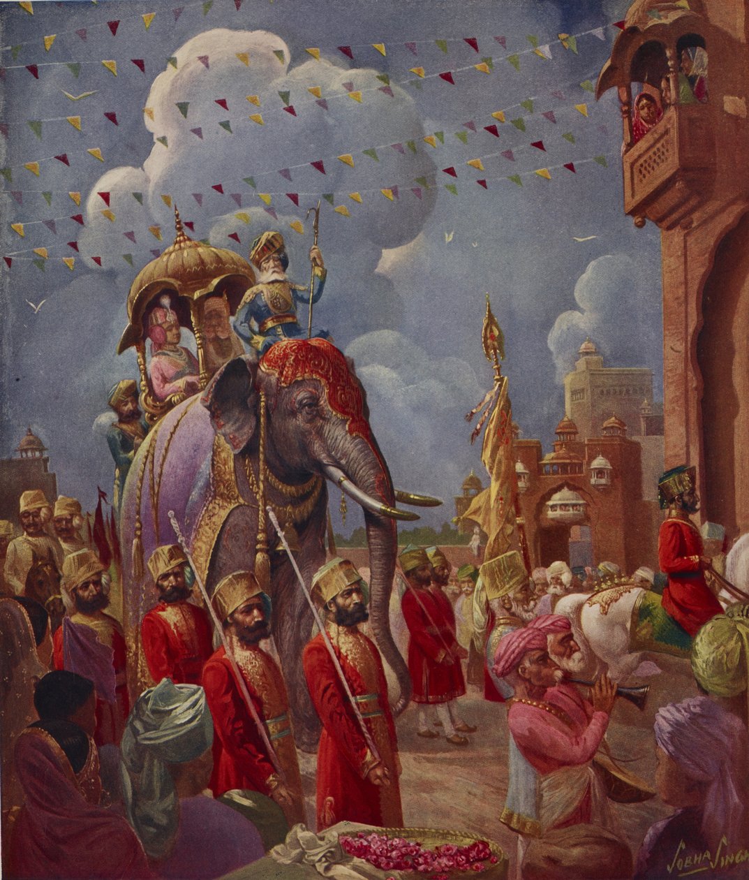 Procissão indiana com elefante, pintura de Sobha Singh, do Suplemento Indiano do Illustrated London News de English School