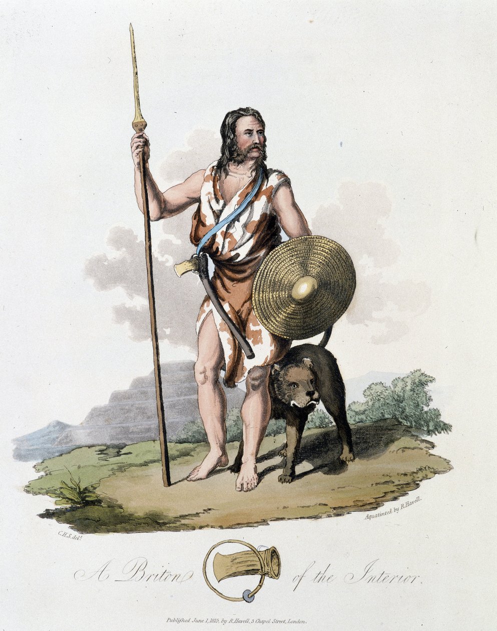 Habitante das Ilhas Britânicas e seu cão - em "Celts and Goths, costumes dos habitantes das Ilhas Britânicas do início do século VI e das nações góticas da costa ocidental do Báltico", por S.R. Meyrick e Ch. Smith de English School