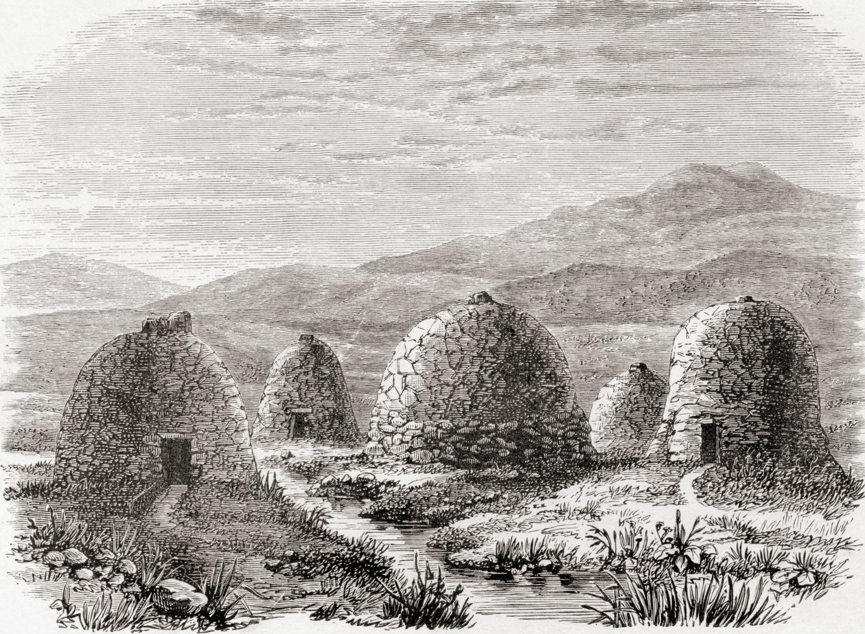 Cabanas habitadas em Uig, ilha de Lewis nas Hébridas Exteriores em 1859, de "Imagens escocesas desenhadas com caneta e lápis", de Samuel G. Green, publicadas em 1886 de English School