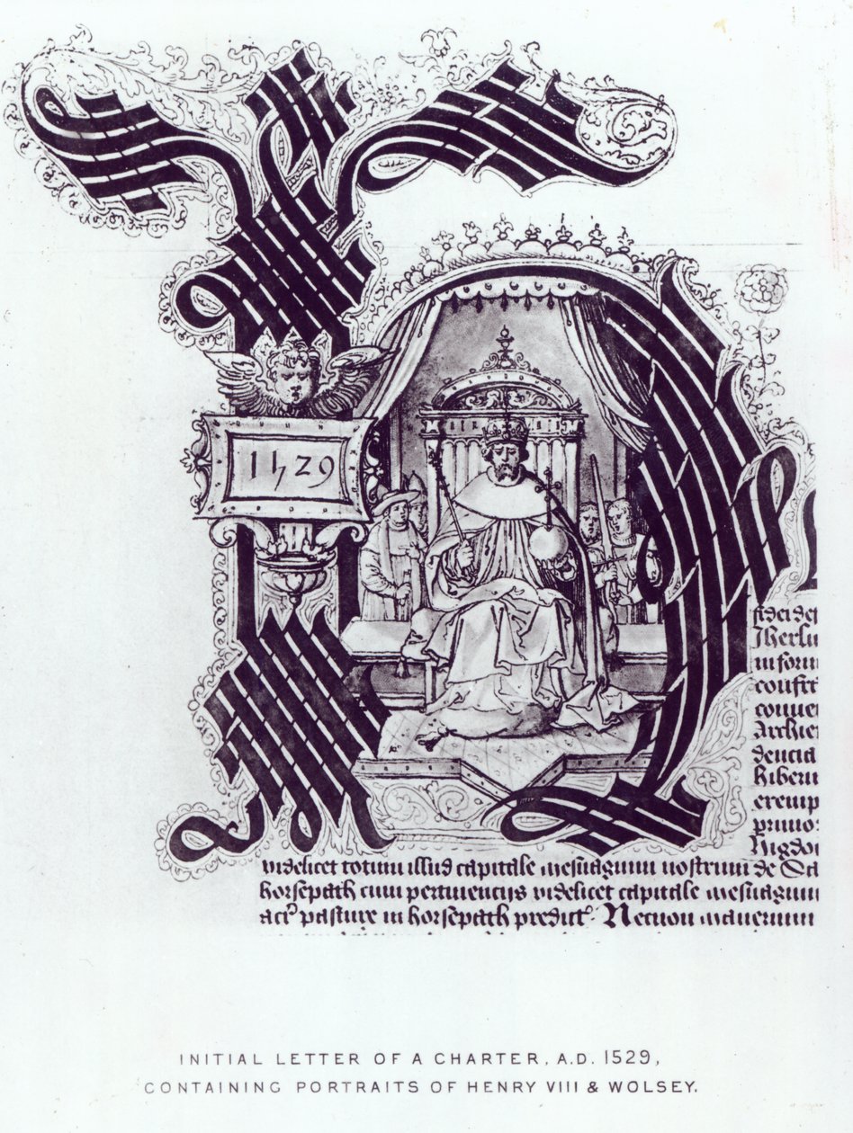 Carta inicial de uma carta contendo retratos de Henrique VIII e Wolsey, 1529 de English School