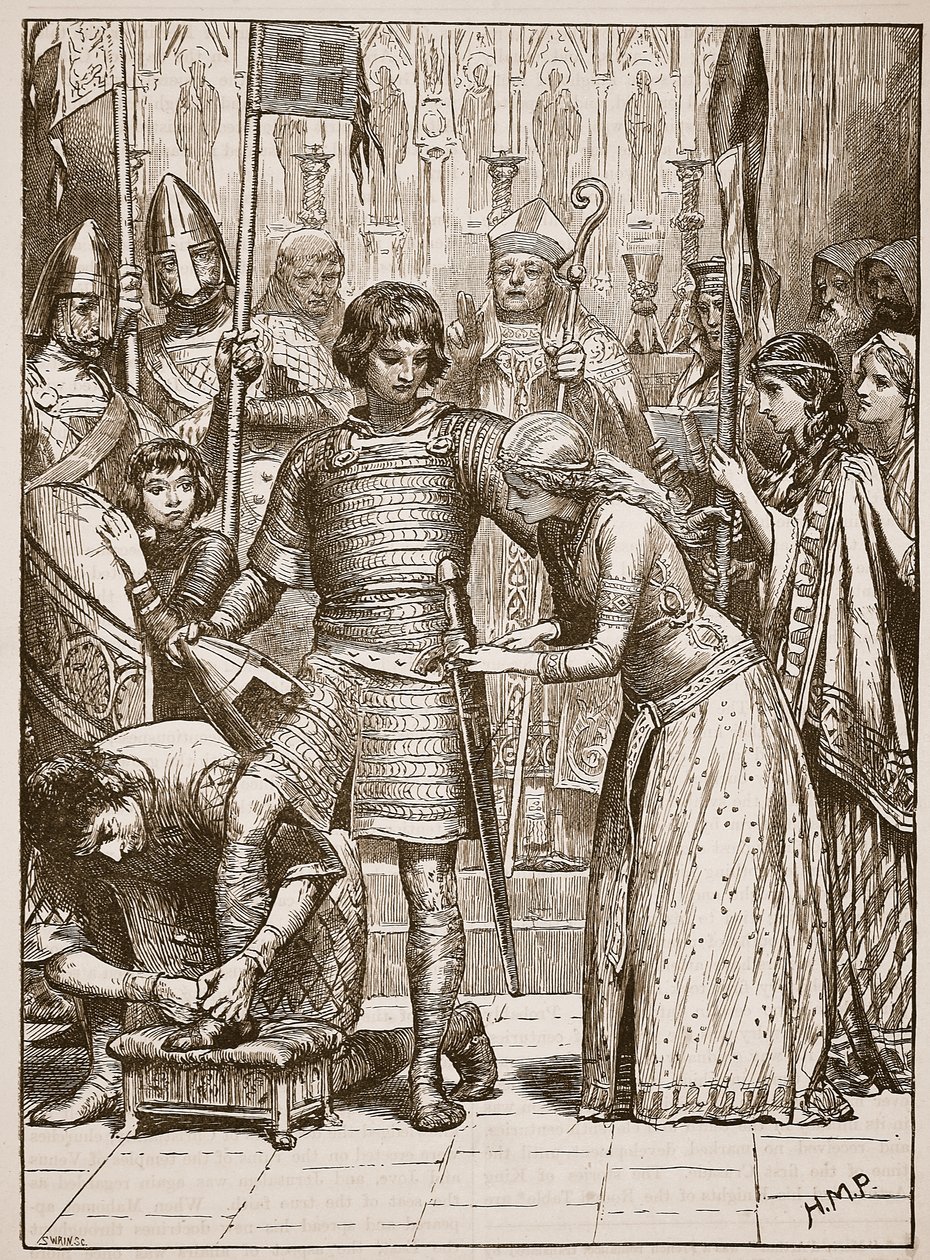 Iniciação na Ordem da Cavalaria, ilustração da História Ilustrada de Cassells da Inglaterra (foto sépia) de English School