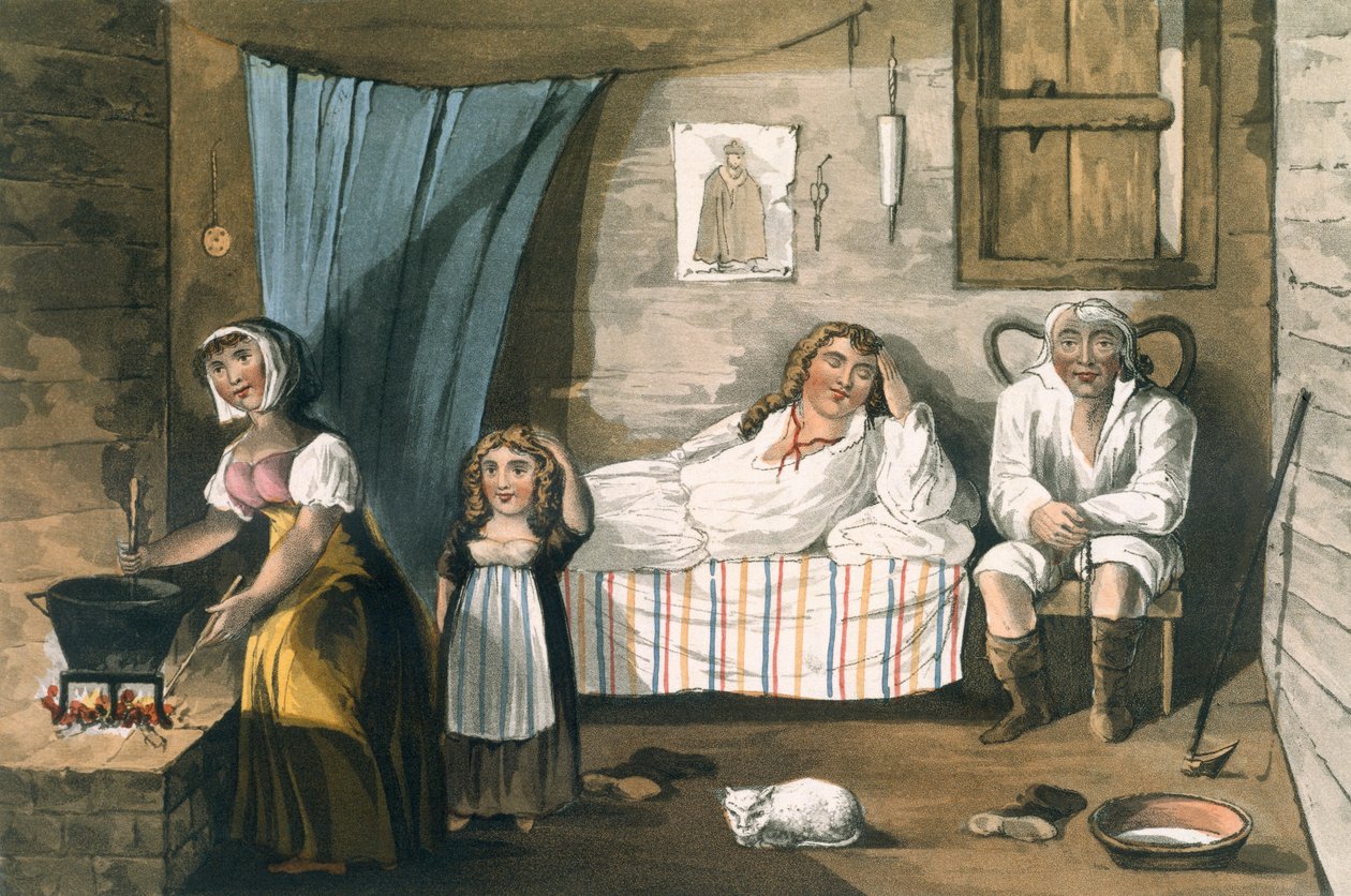 Dentro de uma casa de campo, de uma excursão pitoresca dos lagos ingleses por TH Fielding e J. Walton, publicado por R. Ackermann, Londres, 1821 (aquatinta colorida à mão) de English School