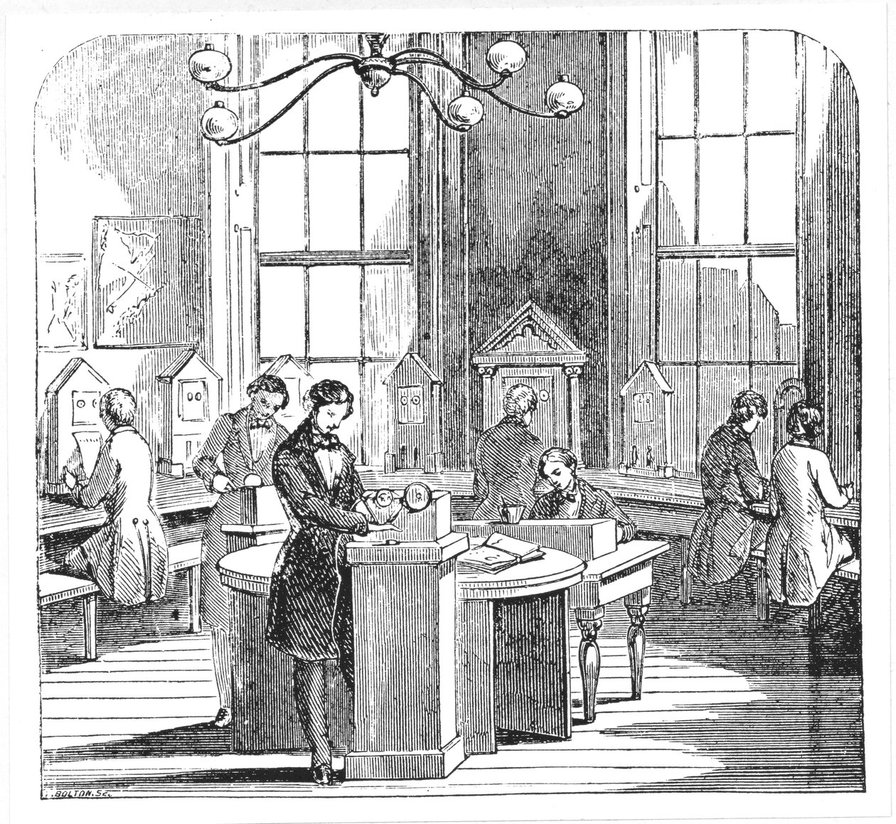Sala de instrumentos no Electric Telegraph Office, Lothbury, Londres, do Museu de Ciência e Arte de Dionysius Lardner, c.1860 de English School