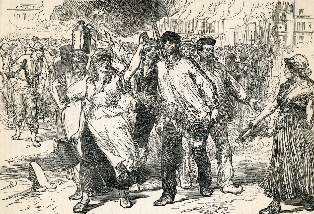 Insurgentes Devastando as Ruas de Paris, tiradas da História Ilustrada de Cassells, 1872 de English School