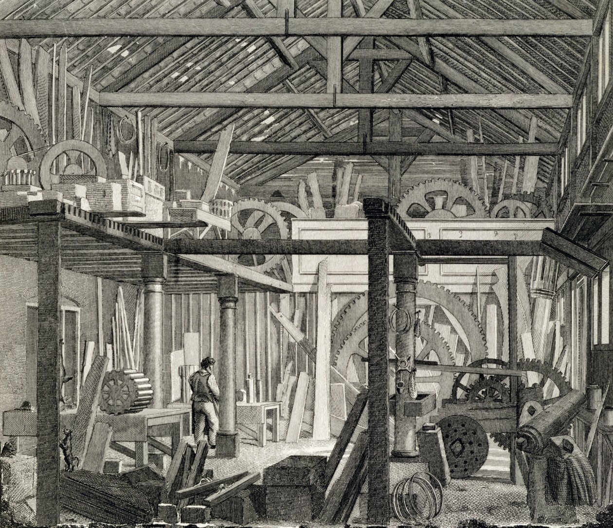 Vista interior da casa de reunião de John Bunyans na rua de Zoar, pista do cascalho, Southwark, usada como uma oficina e uma serração, c.1822 (veja igualmente 190619) de English School