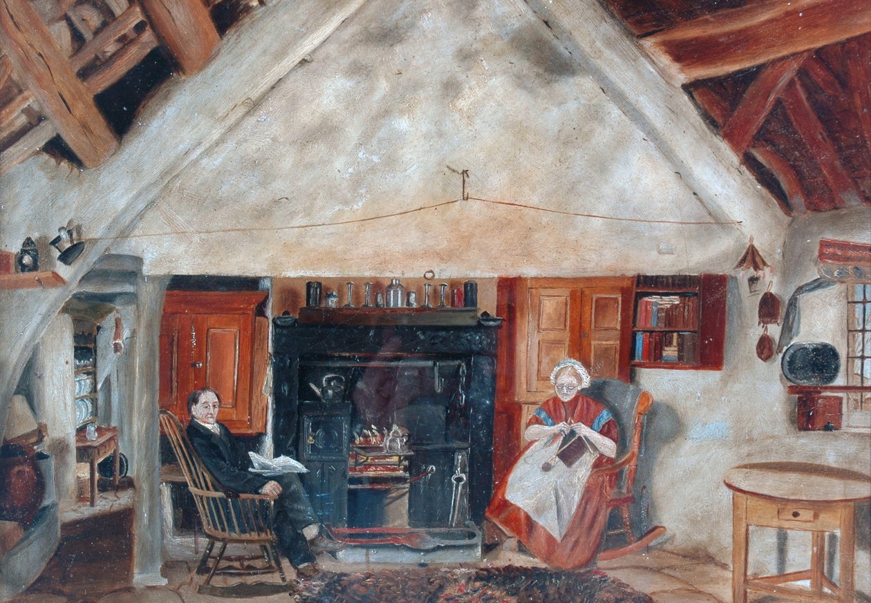 Interior da Cruck Cottage, possivelmente Shipley Glen de English School