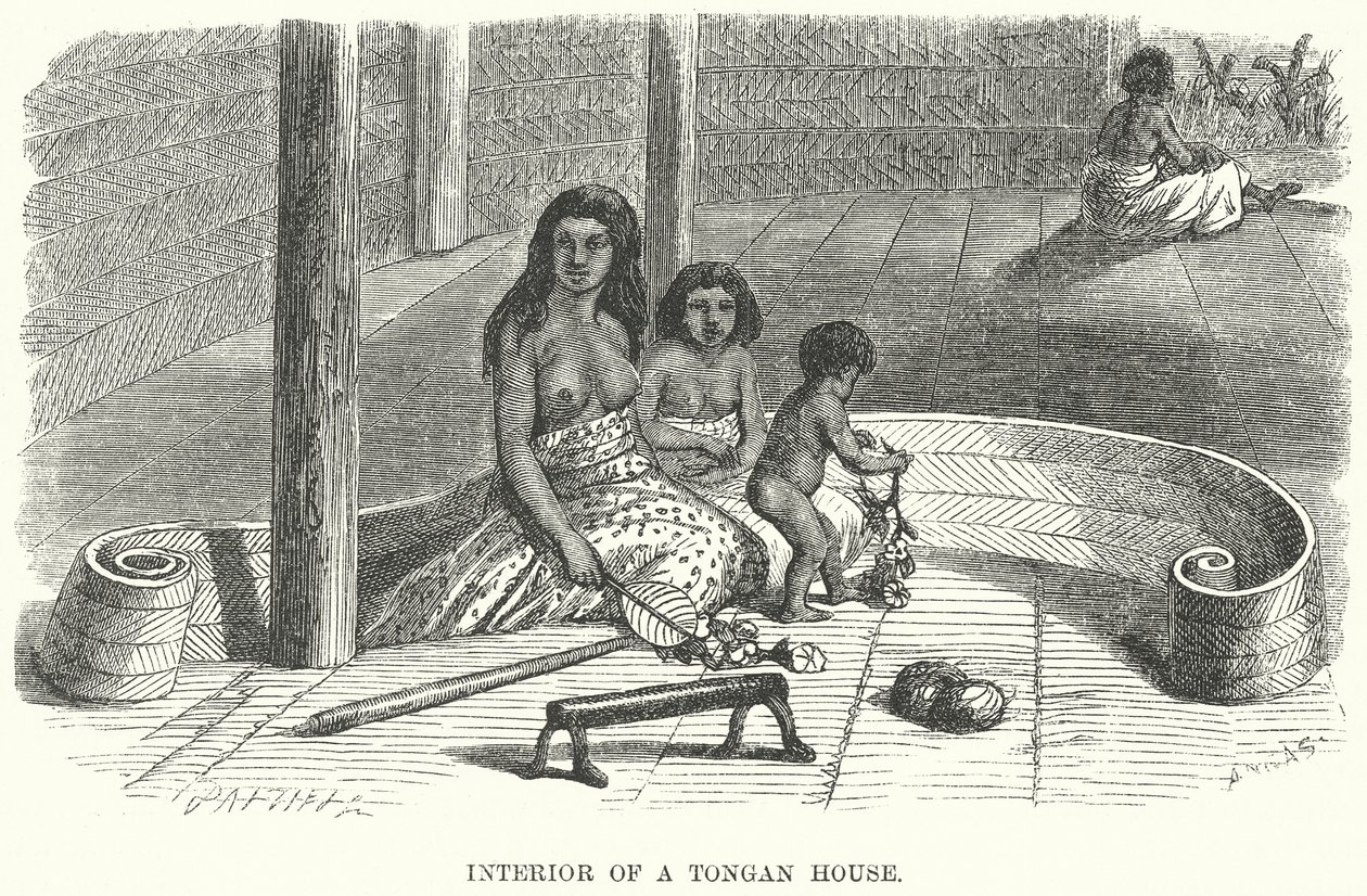 Interior de uma casa tonganesa (gravura) de English School