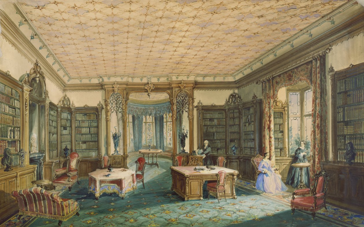 Interior de uma biblioteca vitoriana (wc no papel) de English School