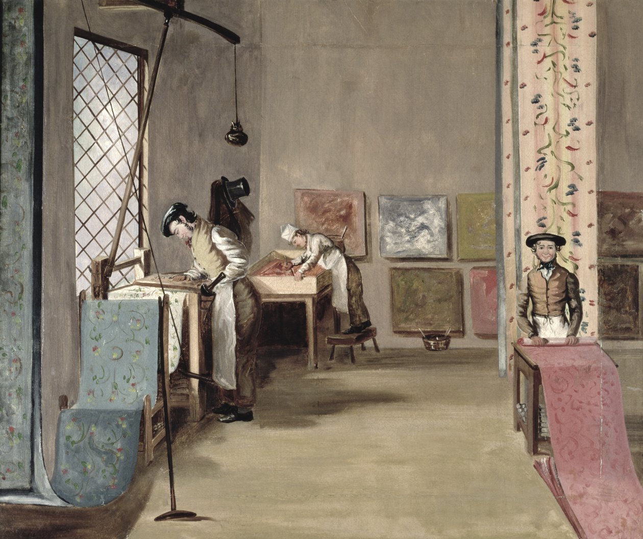 Interior de uma fábrica de papel de parede (óleo sobre tela) de English School