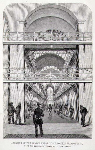 Interior da Casa de Correcção Surrey, Wandsworth, com os Prisioneiros a Saírem após o Jantar, das "The Criminal Prisons of London and Scenes of Prison Life" de Henry Mayhew (1812-87) e John Binny de English School