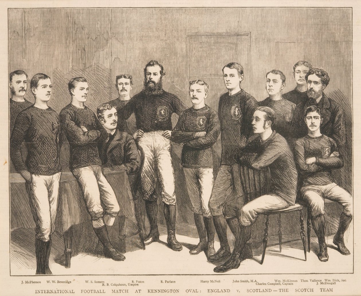 International Football Match no Kennington Oval: Inglaterra vs. Escócia - The Scotch Team, do The Graphic, 1879 de English School