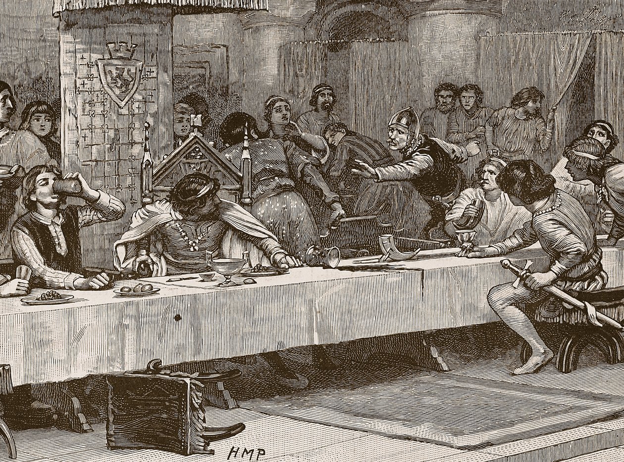 Interrompendo o jantar de Natal de Balliols, ilustração da história ilustrada de Cassells da Inglaterra (foto sépia) de English School