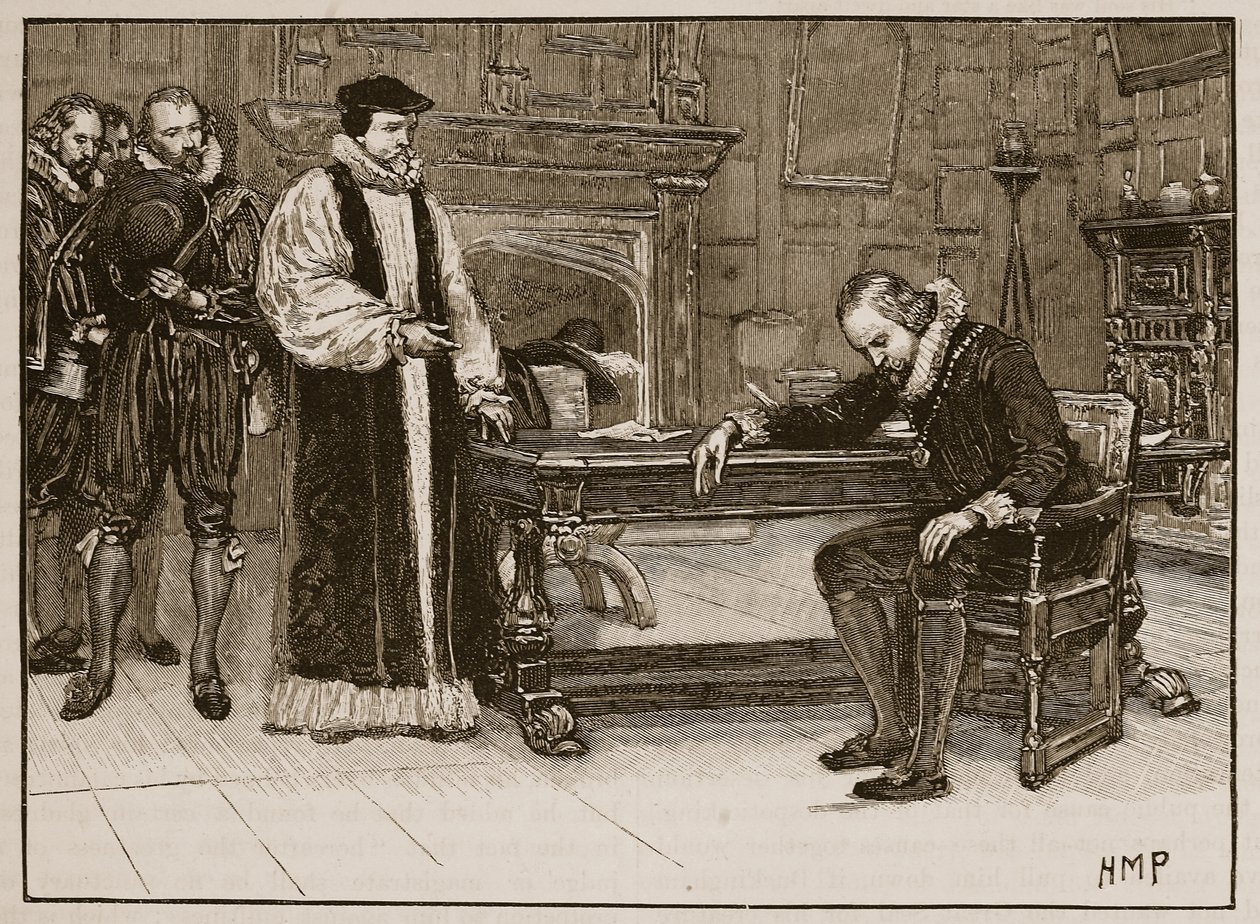 Entrevista entre Bacon e a deputação dos Lordes, ilustração de Cassells Illustrated History of England (foto em sépia) de English School