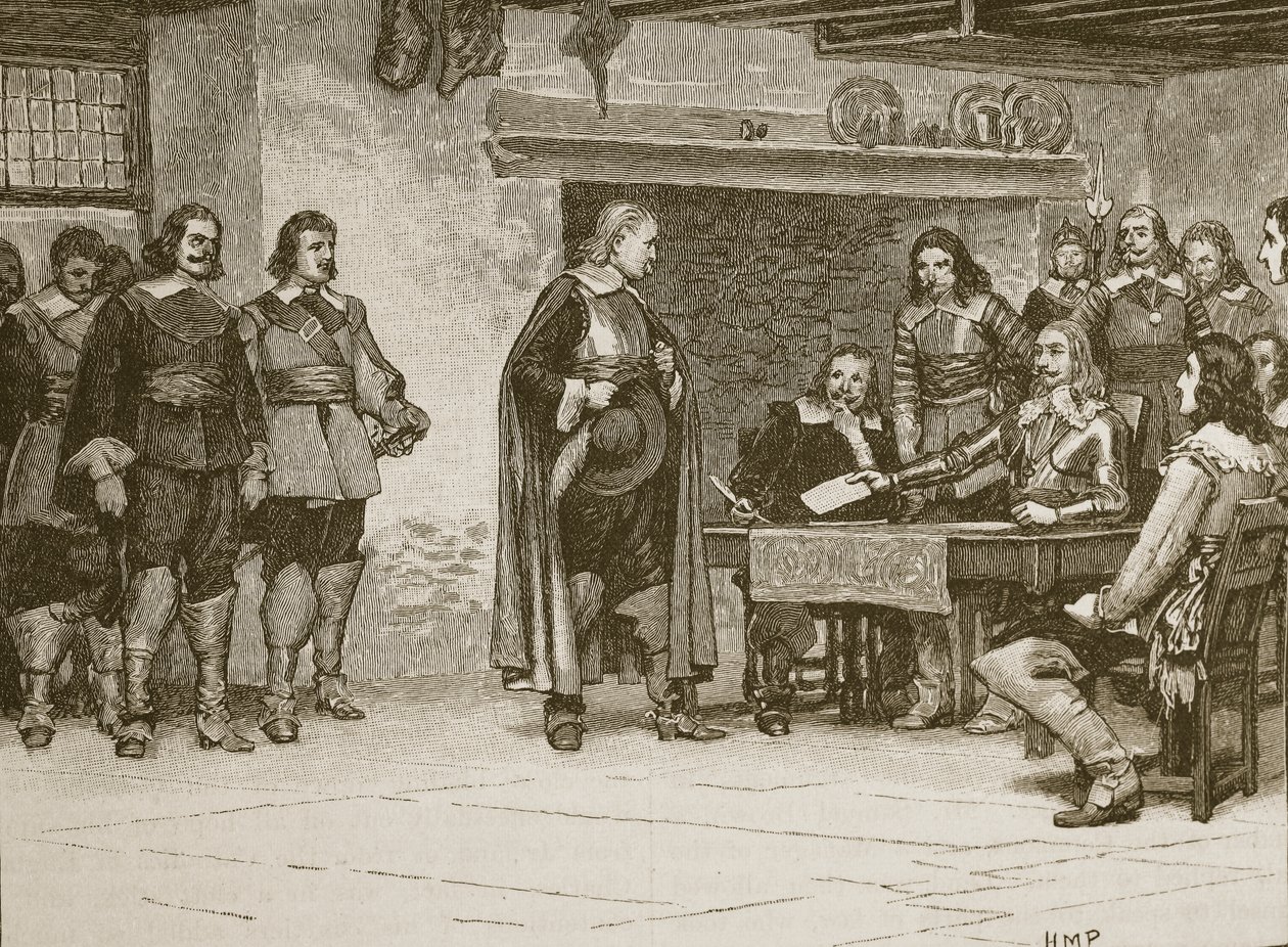 Entrevista entre Charles e o Conde de Denbigh, ilustração de Cassells Illustrated History of England (foto em sépia) de English School
