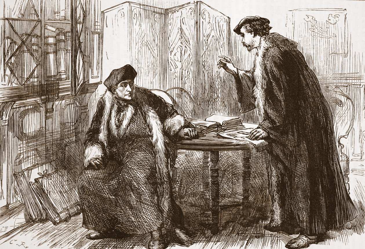 Entrevista entre Erasmo e Calvino, ilustração de A História do Protestantismo, de James Aitken Wylie (1808-1890), pub. 1878 de English School