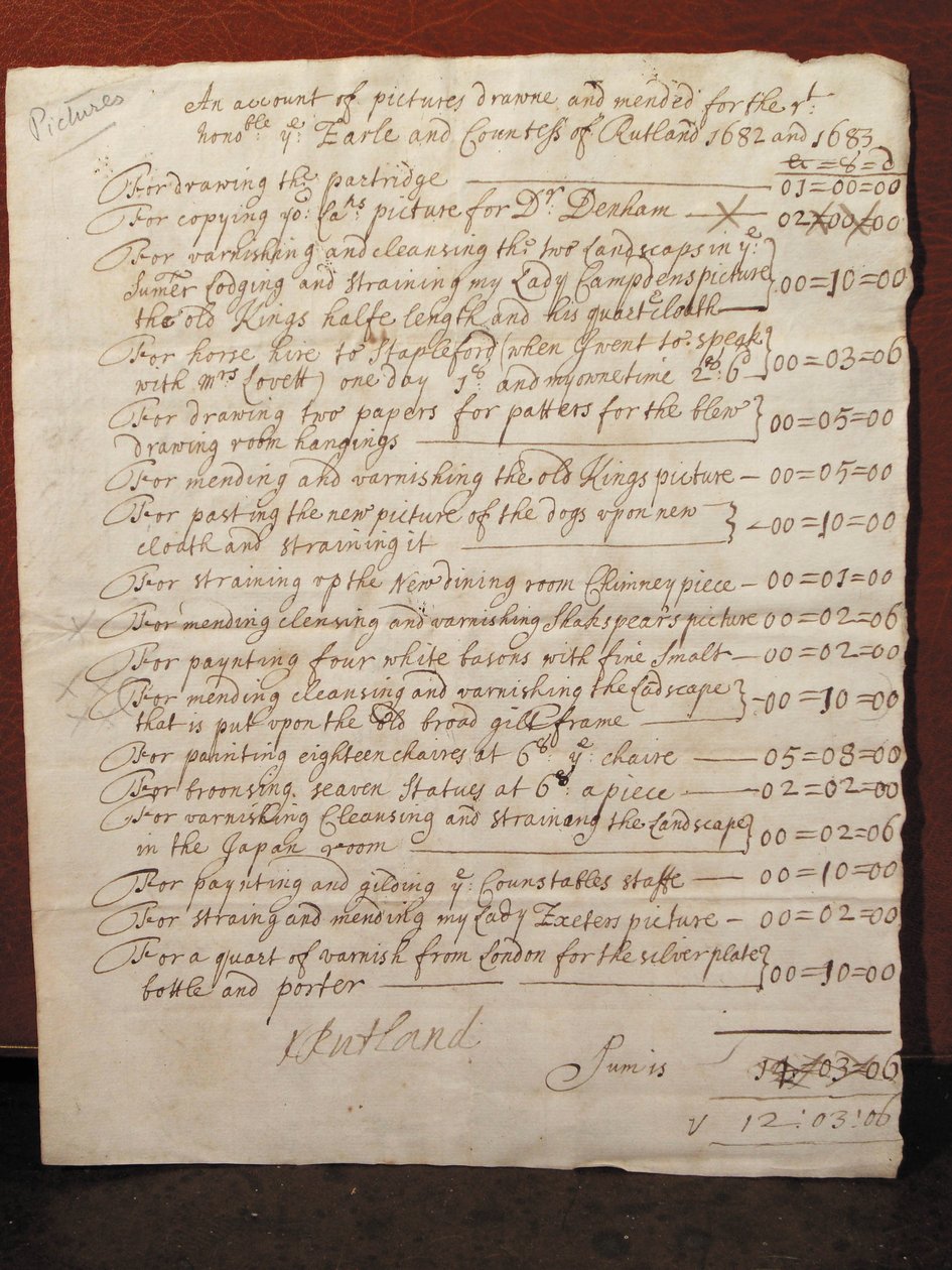 Factura para a limpeza de um retrato de William Shakespeare, c.1682 (tinta sobre papel) de English School