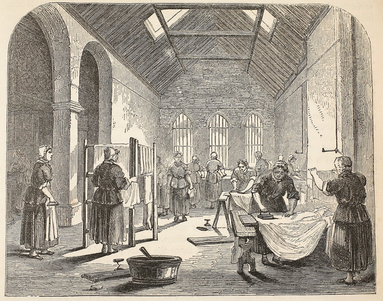 Sala de passar roupa na prisão de Brixton, ilustração das prisões criminosas de Londres e cenas da vida da prisão por Henry Mayhew e por John Binny, bar. 1862 de English School