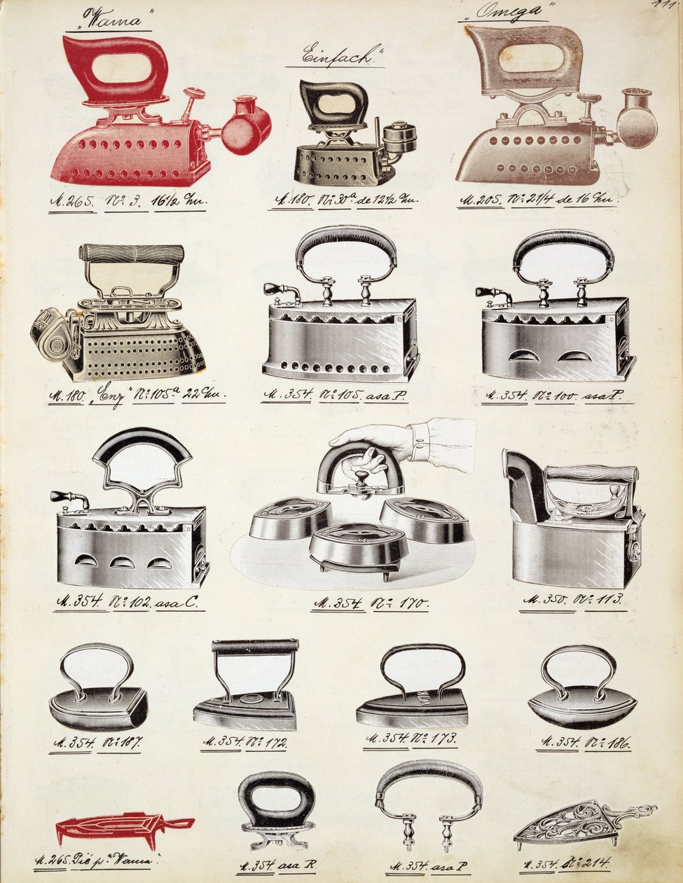 Ferros, de um catálogo comercial de produtos domésticos e acessórios, c.1890-1910 de English School