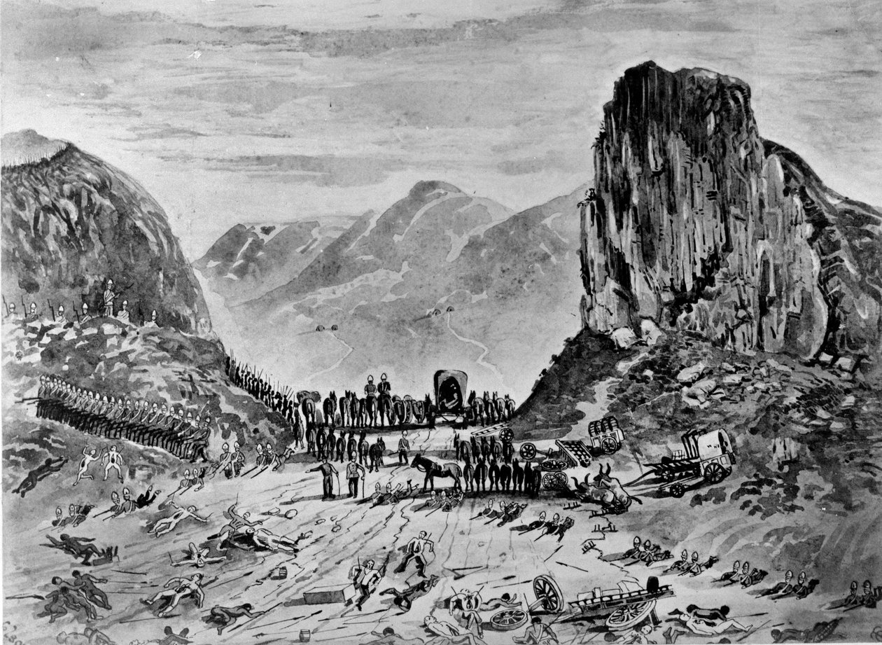 Isandhlwana após a batalha, 1879 (caneta e tinta e lavar no papel) de English School