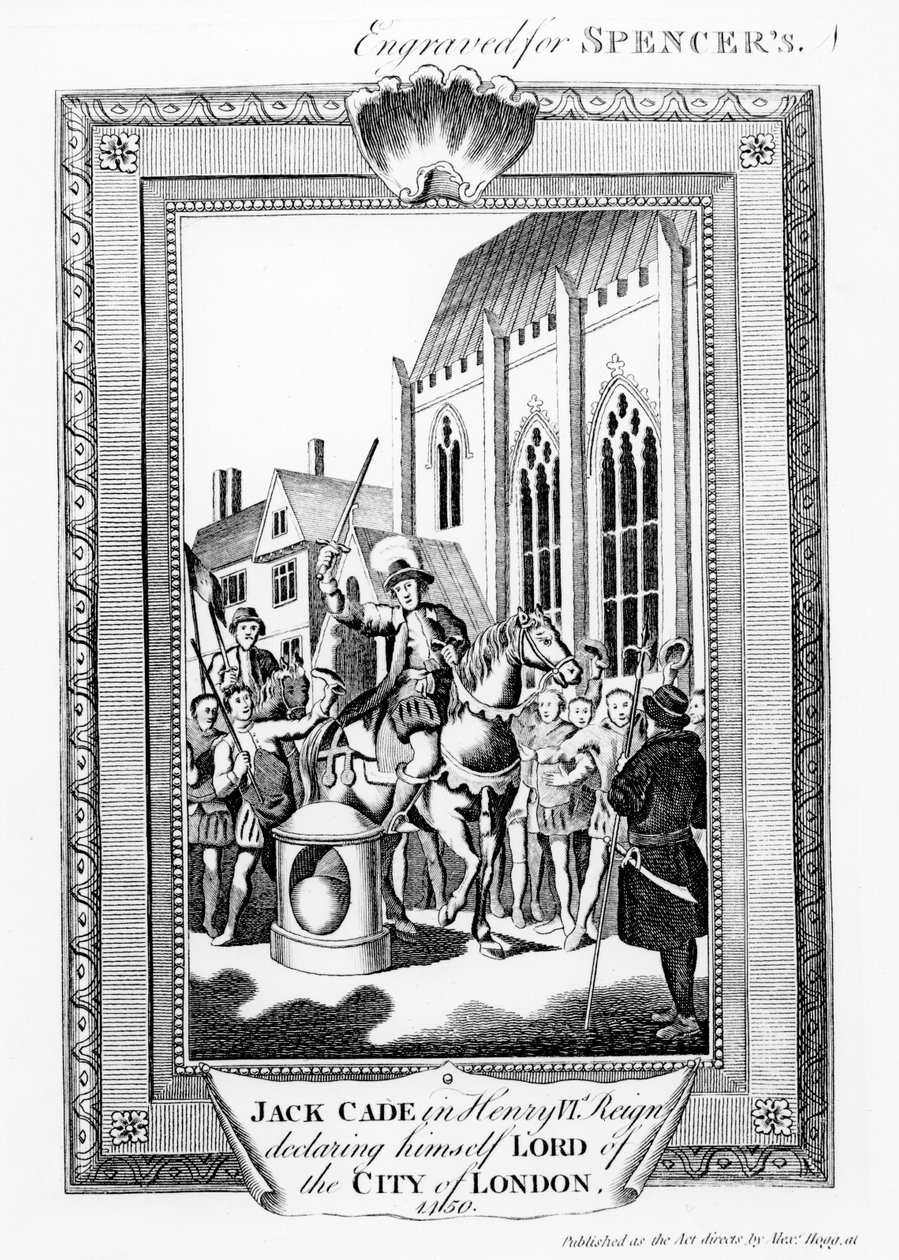 Jack Cade (d.1450) no reinado de Henrique VI, declarando-se senhor da cidade de Londres, gravado por Spencer. de English School