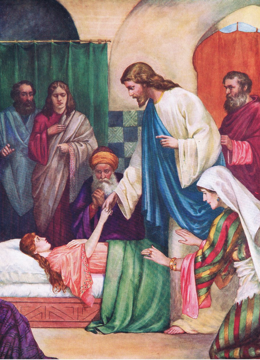 A filha de Jairus, de The Bible Picture Book publicado por Thomas Nelson, c.1950 (color litho) de English School
