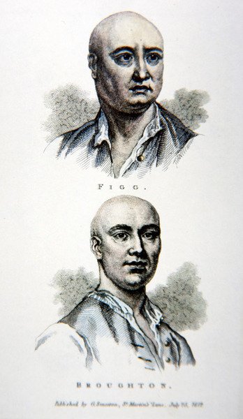 James Figg e Jack Broughton, de uma impressão publicada em 1812 (lito colorido) de English School
