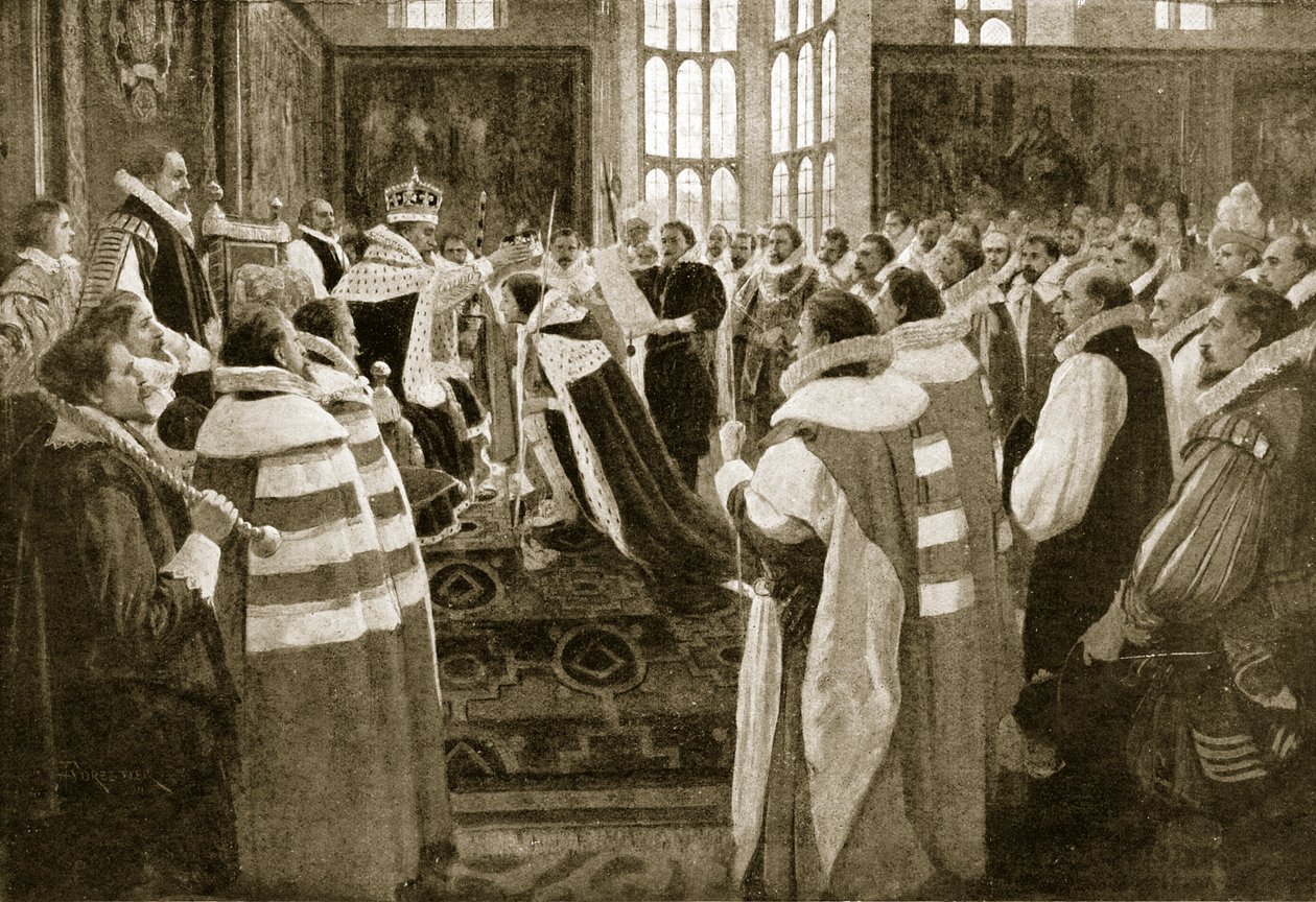James I investe seu filho Charles como príncipe de Gales, 1616, ilustração de Hutchinsons História da nação britânica, c.1923 de English School