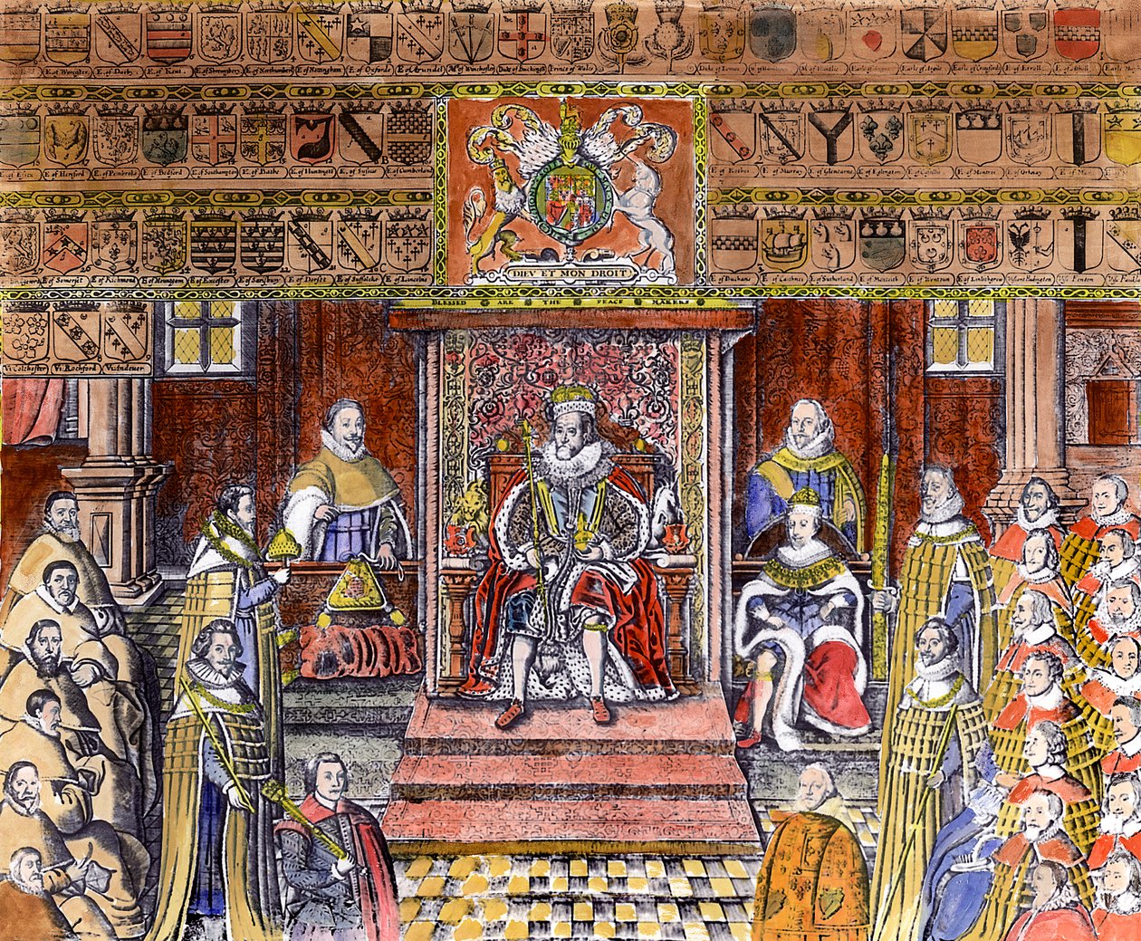 James I da Inglaterra (1566-1625) na Corte, (gravura) (posterior coloração) de English School