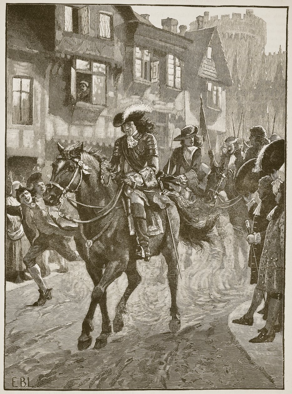 James entrando em Dublin depois da Batalha do Boyne, ilustração de Cassells Illustrated History of England (foto em sépia) de English School
