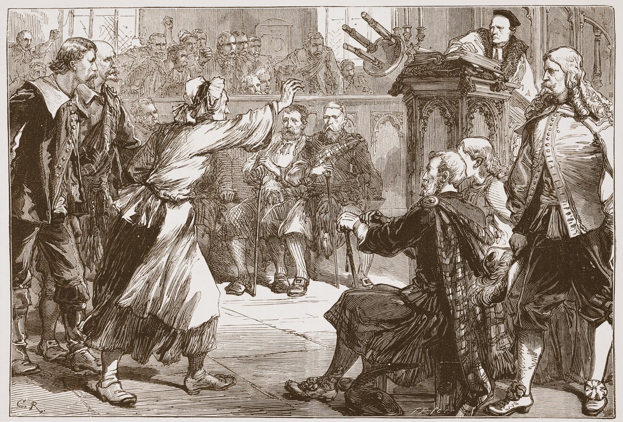Janet Geddes arremessando seu banquinho ao Dean de Edimburgo, ilustração da História do Protestantismo por James Aitken Wylie (1808-1890), pub. 1878 de English School