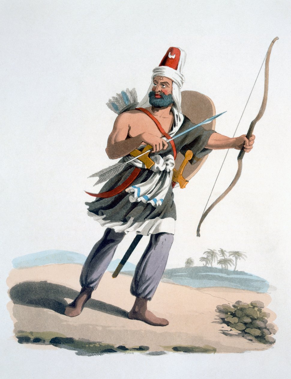 Janízaro da Arábia, de O traje militar da Turquia, 1830 (gravura à mão colorida e aquatinta) de English School