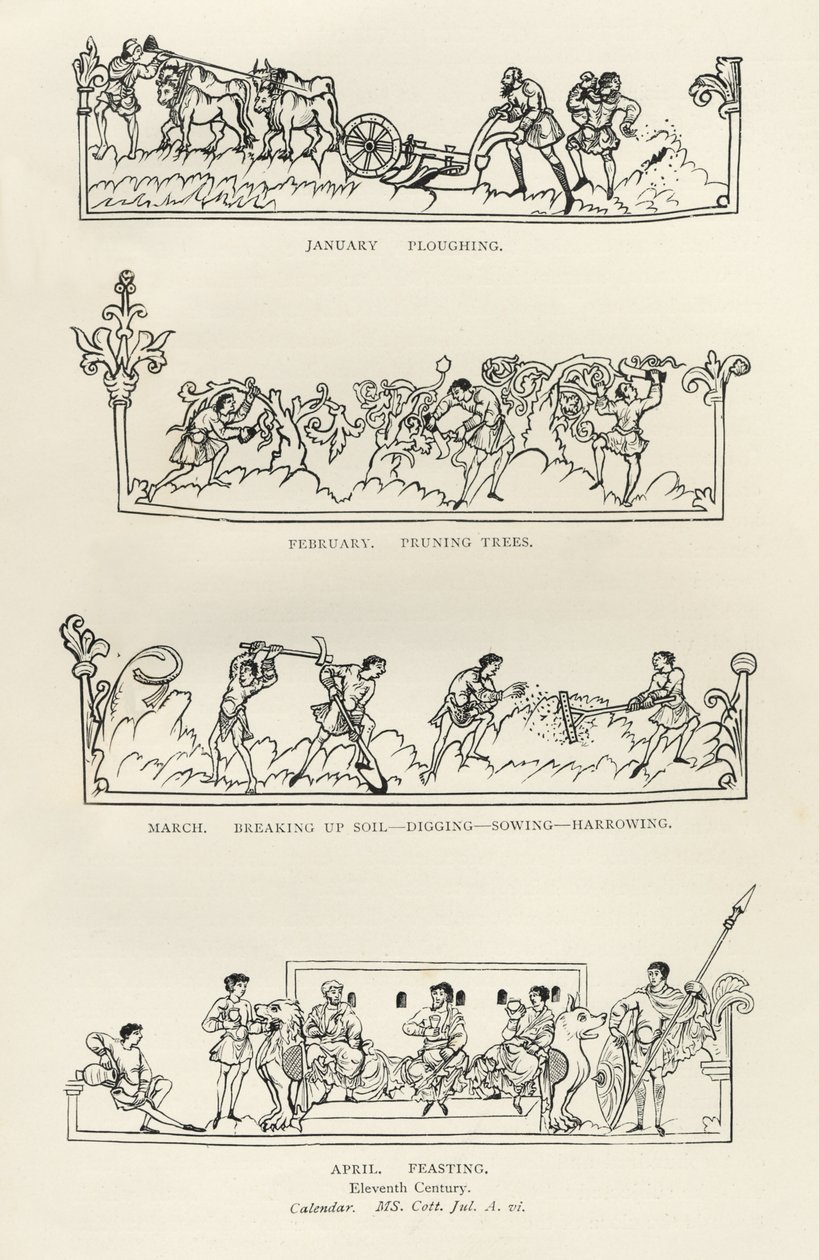 Janeiro, fevereiro, março e abril, de "O Calendário e o Hinário de Júlio", ilustração de "História do povo inglês" de English School