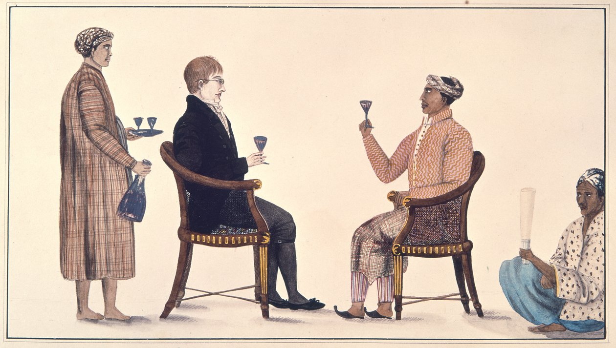 Javanese Grandee e um holandês, de um "Álbum de 116 desenhos feitos sob a supervisão de Colin Mackenzie (1754-1821) em Java" c.1811-13 (cor litho) de English School