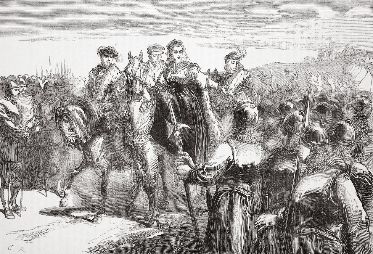 Jeanne DAlbret, Rainha de Navarra, dirigindo-se aos soldados huguenotes, ilustração da História do Protestantismo por James Aitken Wylie (1808-1890), pub. 1878 de English School