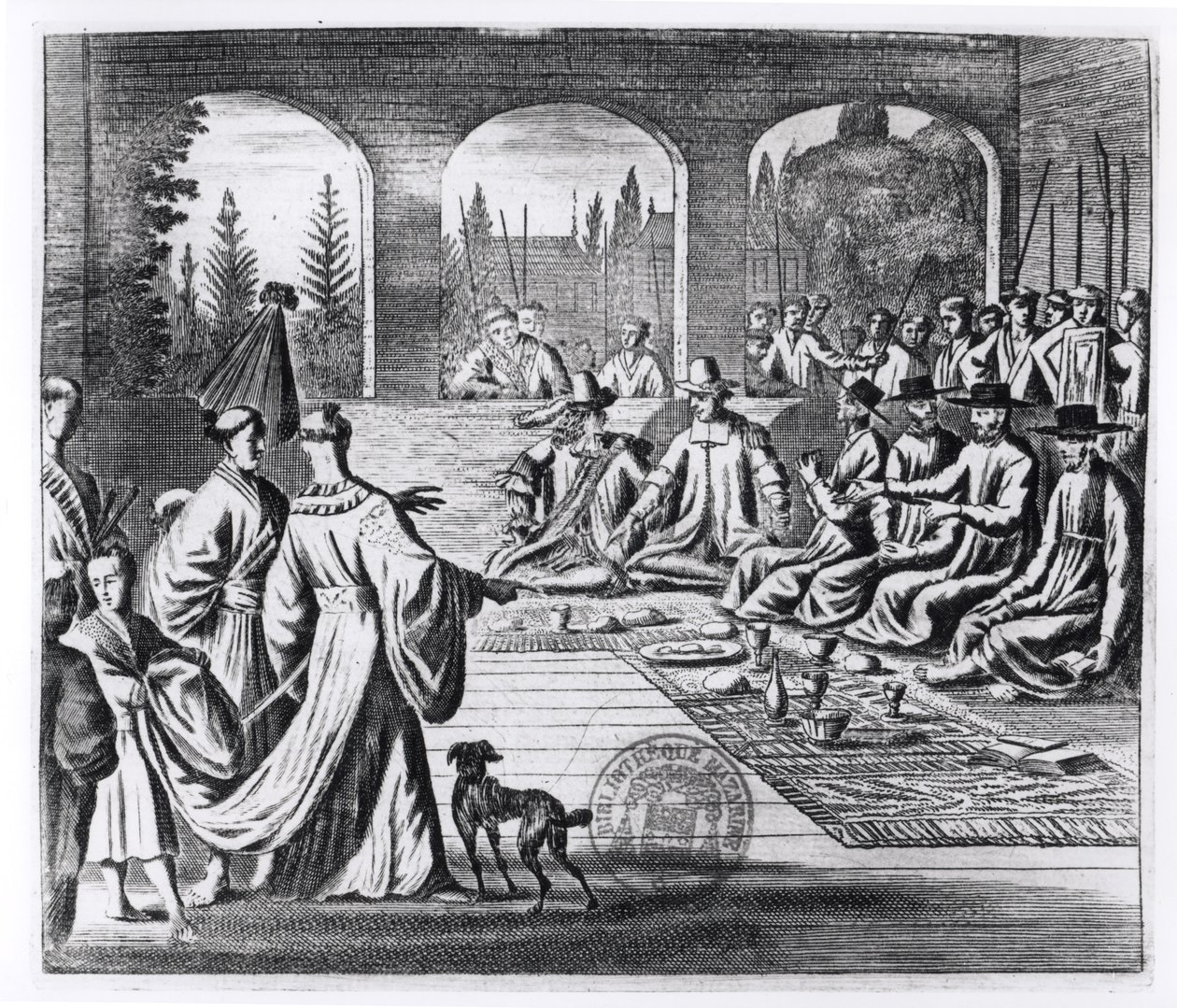 Jesuitas com mercadores holandeses e portugueses na corte do imperador japonês, ilustração de A Memorable Embassy to the Emperor of Japan de Arnold Montanus, publicada em Londres 1670 de English School