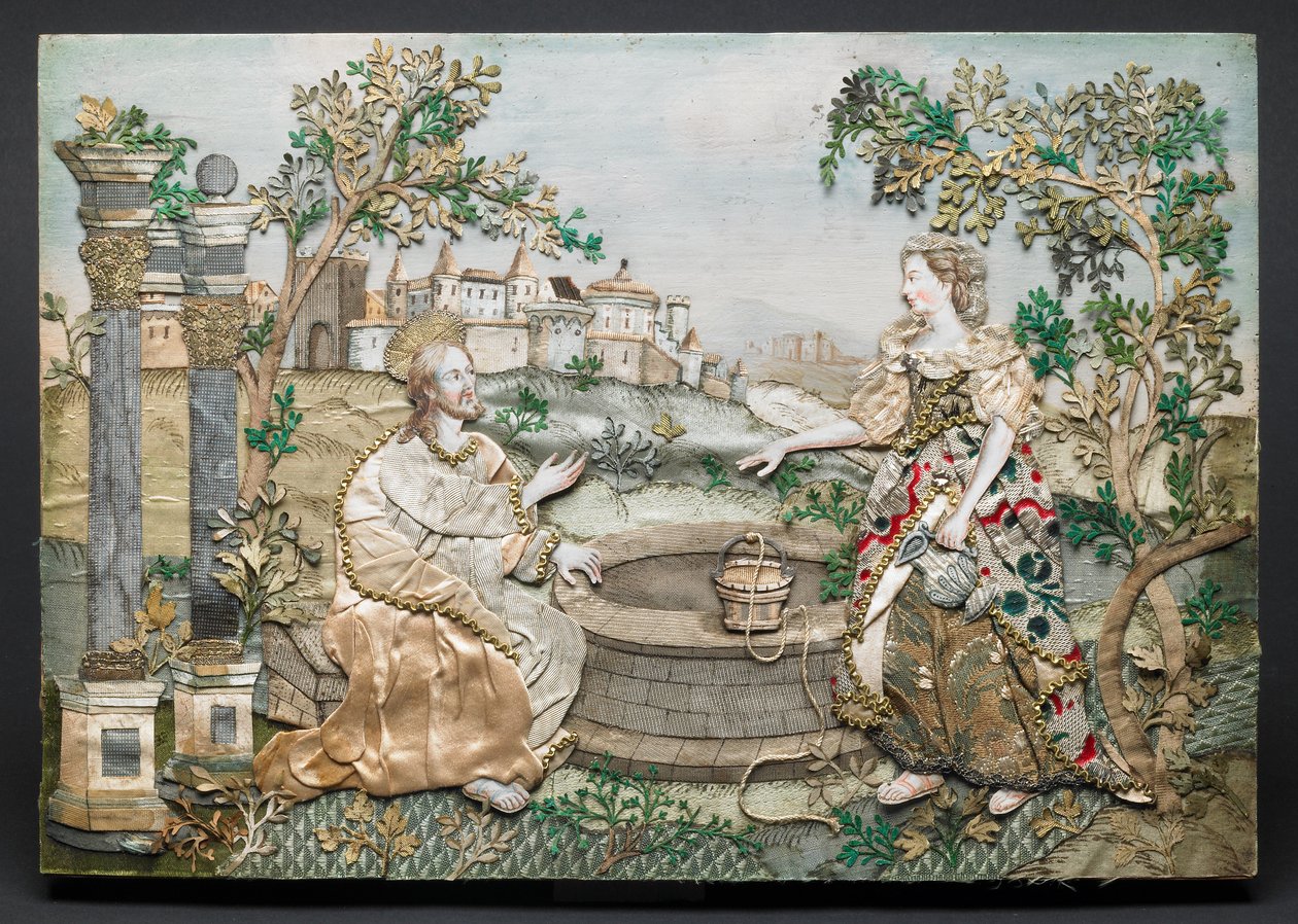 Jesus com a Mulher de Samaria (seda, papel, fio, lantejoulas, enfeites metálicos, tinta e aguarela sobre madeira) de English School