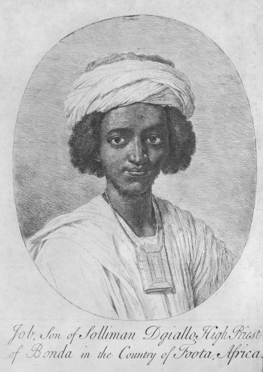 Job, filho de Solliman Dgiallo, sumo sacerdote de Bonda no país de Foota, África, c.1750 (gravura e gravura) de English School