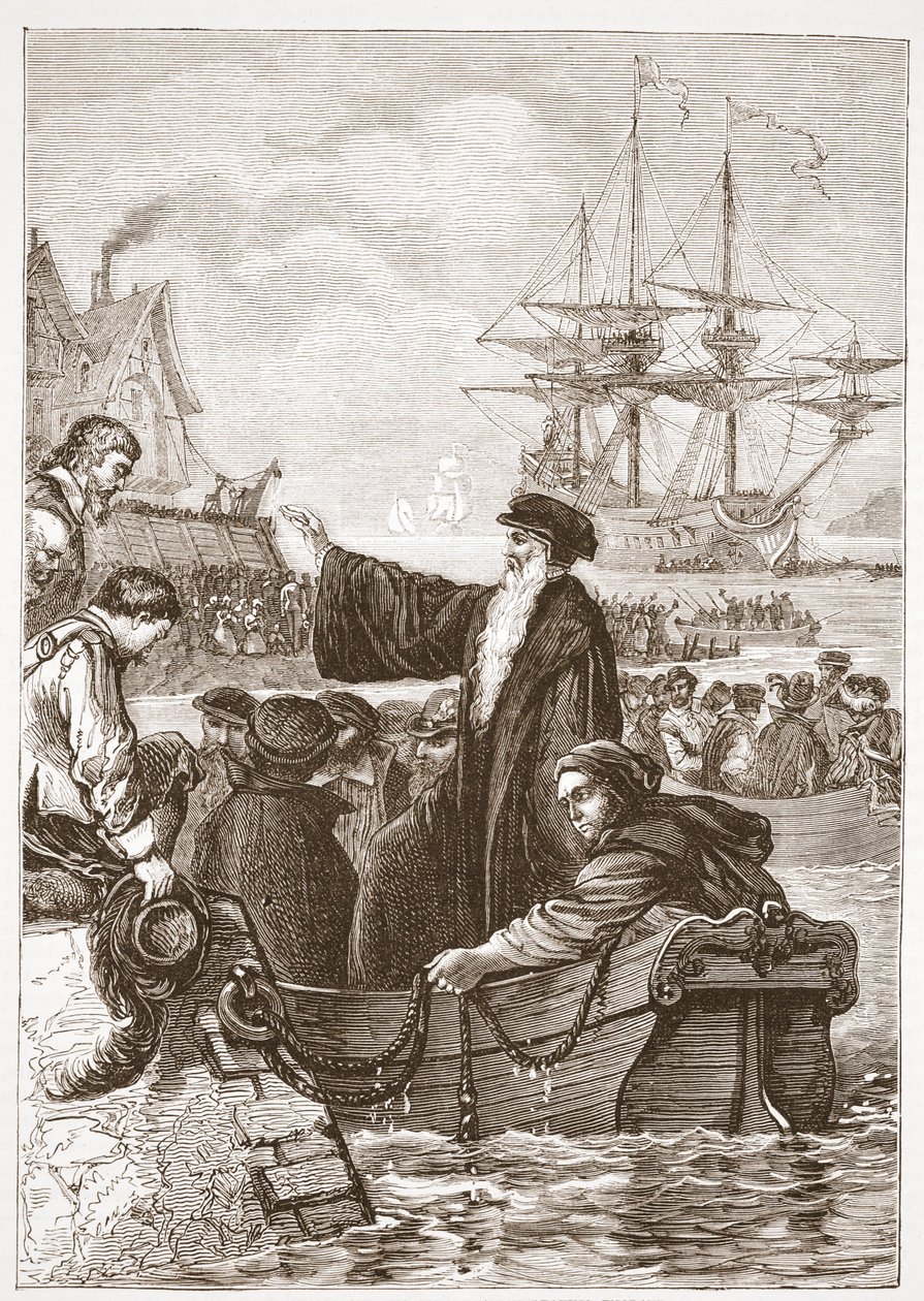 John Alasco e sua congregação deixando a Inglaterra, ilustração de The History of Protestantism por James Aitken Wylie (1808-1890), pub. 1878 de English School