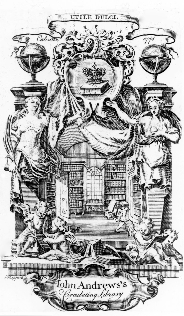 Folheto da Biblioteca Circulante de John Andrews, de Joseph Shepperd, publicado em Calcutá, 1774 de English School