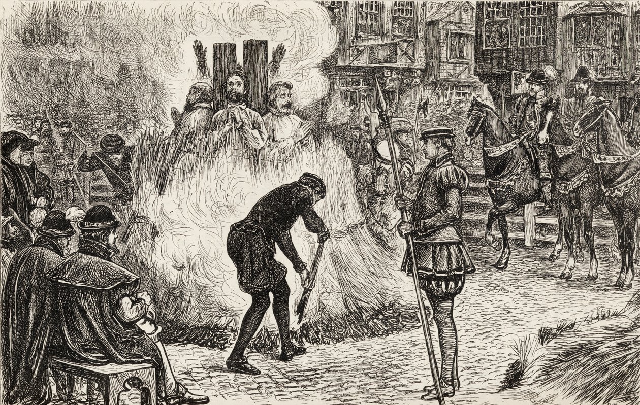 John Bland, John Frankesh, Nicholas Sheterden e Humphrey Middleton queimaram vivos por heresia no século XVI, c.1865 (gravura em madeira) de English School