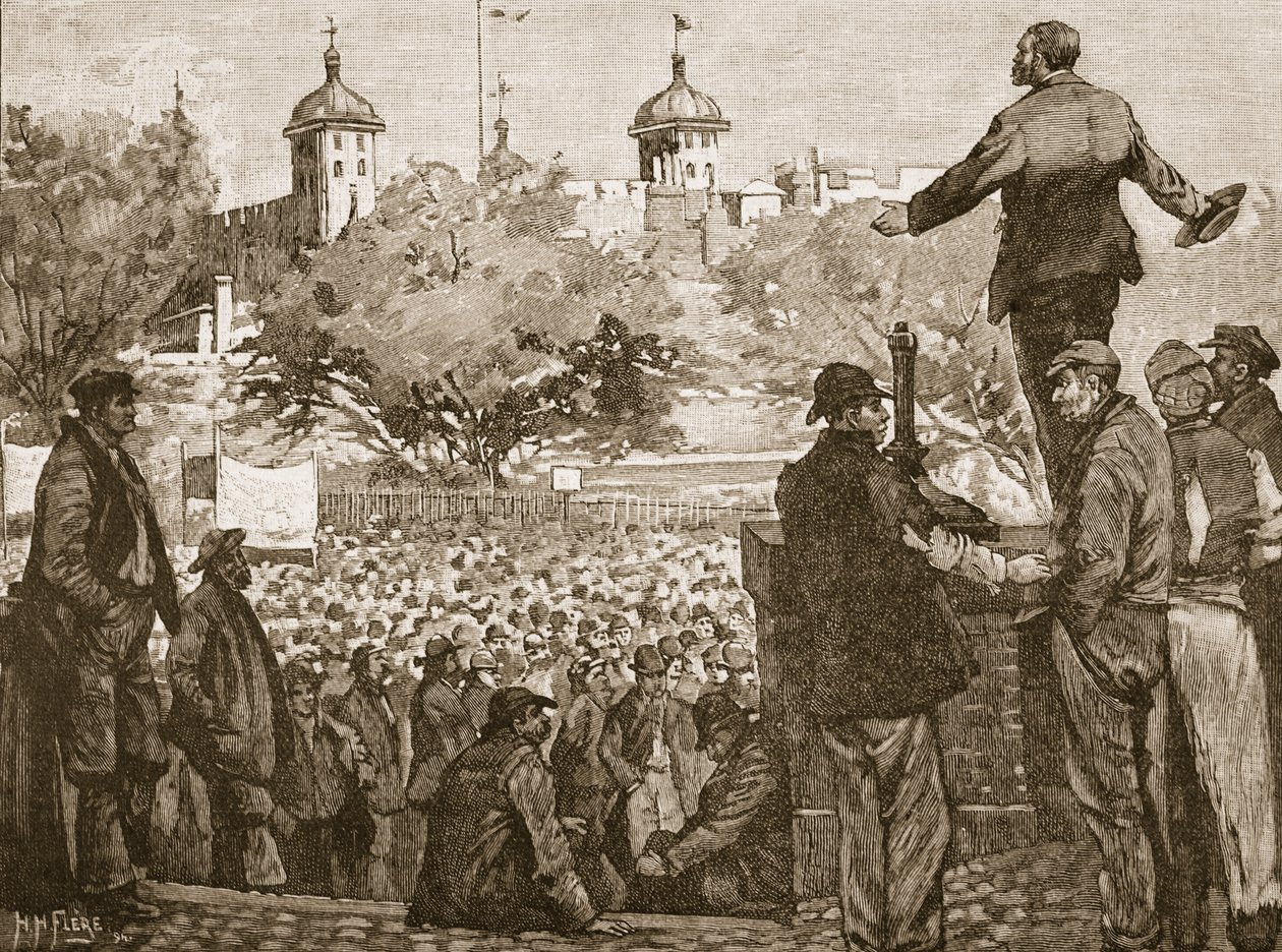John Burns, abordando uma reunião de estivadores em Tower Hill, 1889, ilustração da história ilustrada de Cassells da Inglaterra (foto sépia) de English School