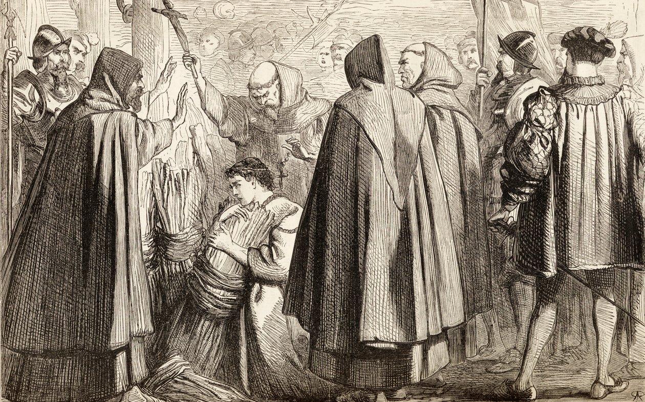 John Frith prestes a ser queimado na fogueira por heresia em 1533, c.1865 (gravura em madeira) de English School