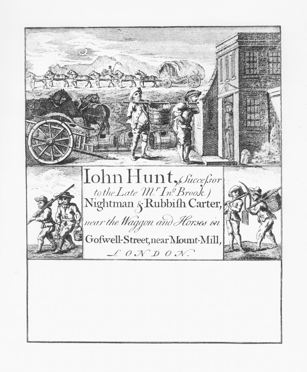 John Hunt, Nightman e Rubbish Carter, perto do vagão e cavalos em Goswell Street, perto de Mount Mill, Londres de English School