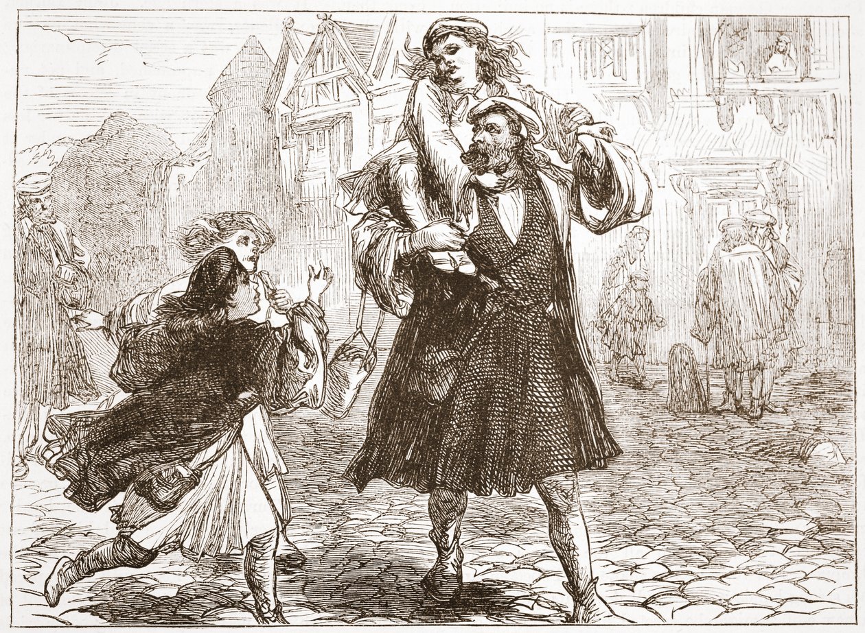 John Luther que leva seu filho à escola, ilustração da história do protestantismo por James Aitken Wylie (1808-1890), bar. 1878 de English School