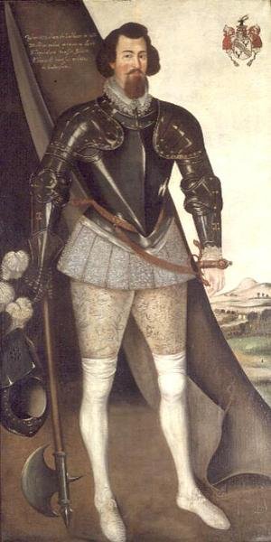 John Nedham de armadura segurando um machado (óleo) de English School