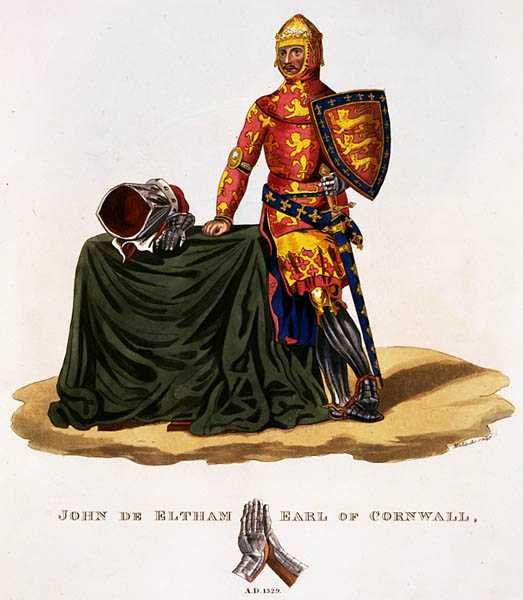 João de Eltham, Conde da Cornualha (1316-36) 1329, gravado por W. Maddocks, de "Ancient Armour", escrito por Samuel Rush Meyrick de English School