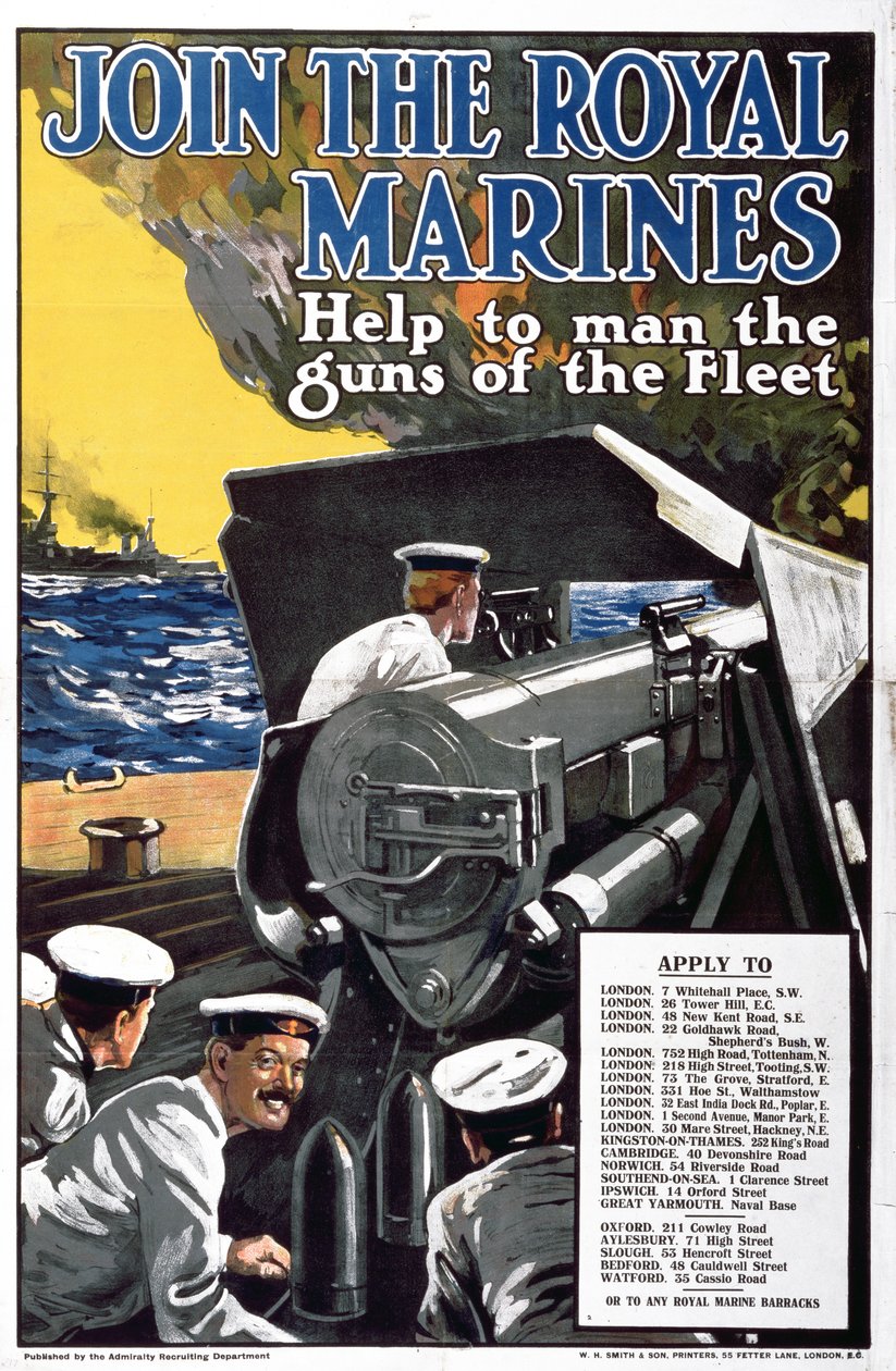 Junte-se aos fuzileiros navais reais - ajude a equipar as armas da frota, poster do recrutamento da Primeira Guerra Mundial de English School