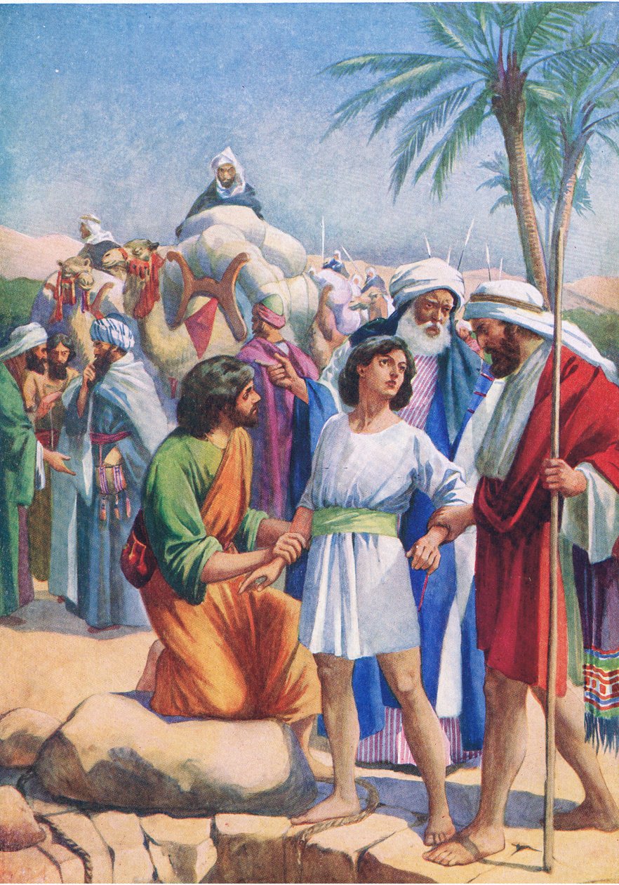 José vendido por seus irmãos, do livro bíblico publicado por Thomas Nelson, c.1950 de English School