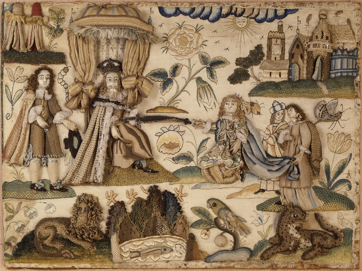 Rei Assuero e Rainha Ester, c.1660 (seda, fios metálicos e vidro) de English School